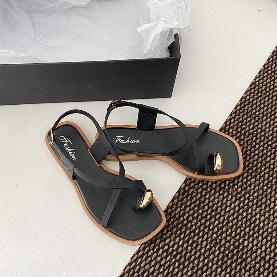 Women's Roman-Style Thong Sandals, New Summer 2026 Model, For Outdoor Use, Non-Slip, Modern, With Openwork Design And Flat Sole. - 黑色 - 查看 1
