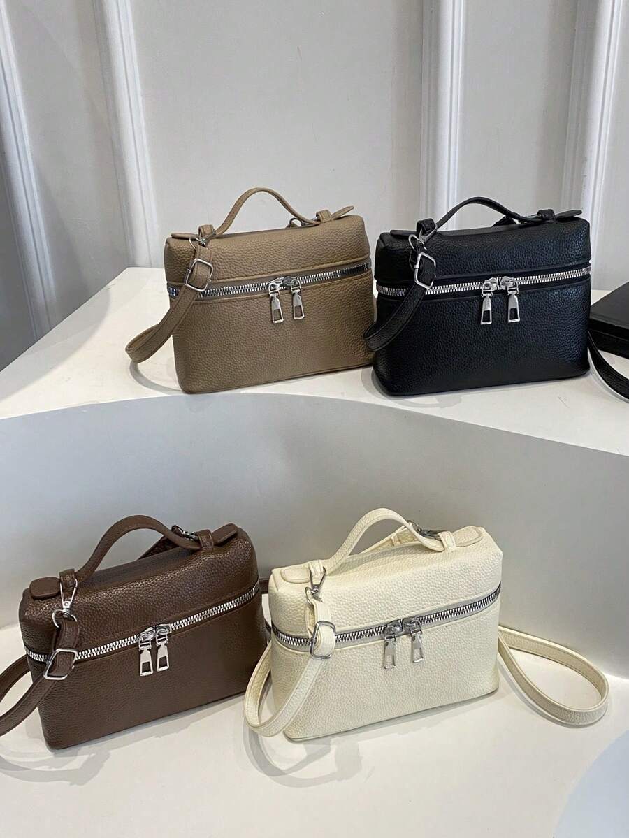 Bolso de mano, bolso de hombro/cruzado de mujer de moda en piel de PU, monedero cuadrado con cremallera de metal minimalista, versátil para uso diario y casual - Negro - Ver 1