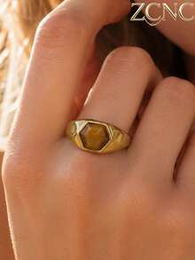 1pc 18K Gold Plated Women's Natural Stone Geometric Pattern Stainless Steel Ring (Green/Purple/Black) Suitable For Daily Wear, Party, Business Meeting And Other Occasions, Ideal For Valentine's Day/Anniversary/Gift/Mother's Day/Halloween/Christmas/Elderly Jewelry Gift - Ring - View 22