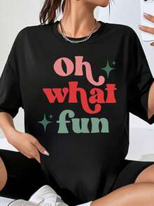 Women's Printed Short Sleeve T-Shirt Fashion For Going Out In The City Oh What Fun Day Graphic Tee Women's Casual Oversized T Shirt Fest Party Wear Xmas Gift Top - 黑色 - 查看 1