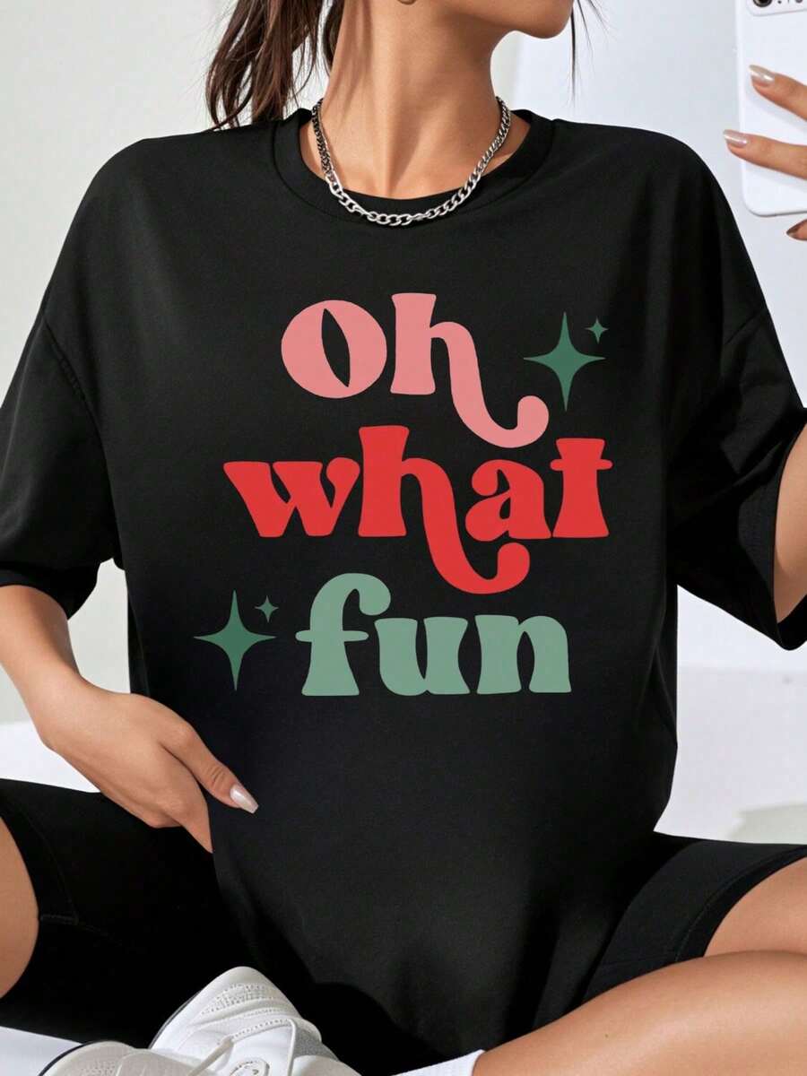 Women's Printed Short Sleeve T-Shirt Fashion For Going Out In The City Oh What Fun Day Graphic Tee Women's Casual Oversized T Shirt Fest Party Wear Xmas Gift Top - 黑色 - 查看 1