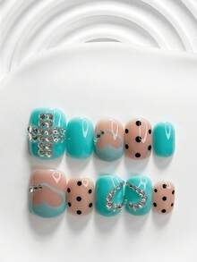 10pcs Avant-Garde Handmade Press-On Nails, Polygel Nail Art Set, Polka Dot, Heart & Rhinestone Embellishments, Blue Green Black Color Scheme, Fashion Style, Includes Nail Tools, 3 Sizes Available, Square, Short Square, Almond Shape, Suitable For Party, Dancing, Daily Wear - Multicolor - View 2