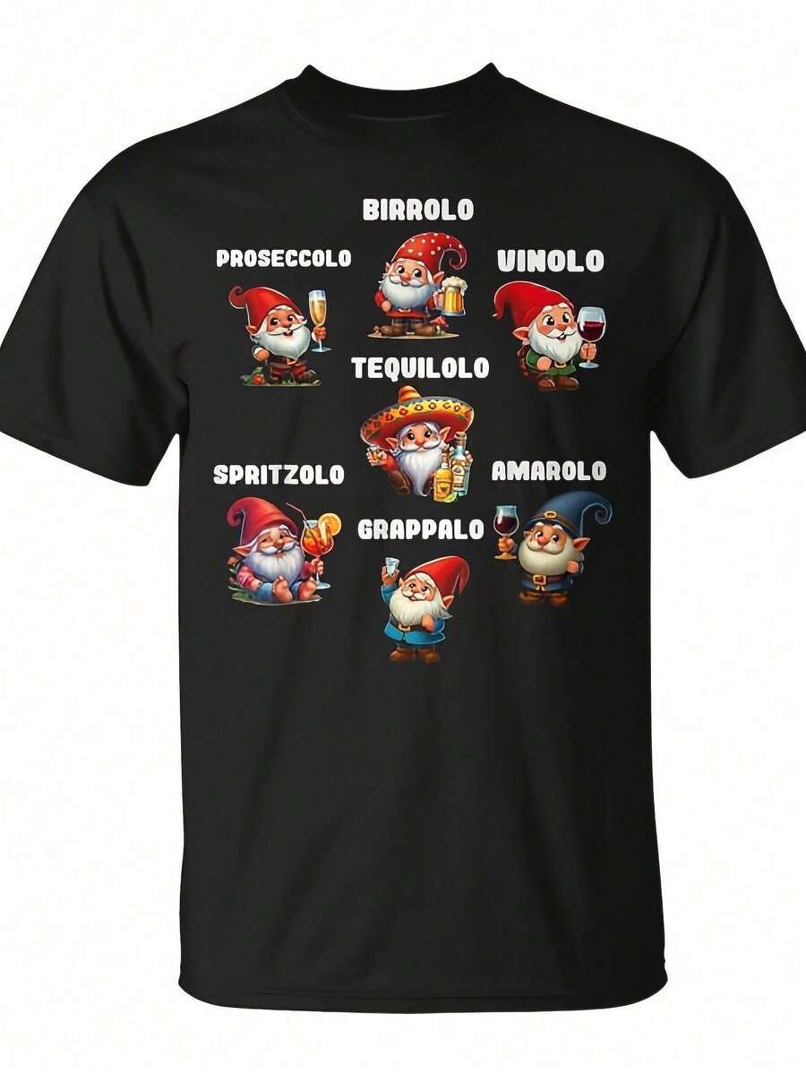 100% Cotton Y2K Loose Short Sleeve Tee Unisex Funny Men's T-Shirt For Drinking In Italian - Graphic Tee With Seven Drunk Dwarves, Biraloo - Black - View 1