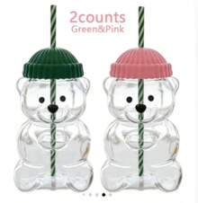 Tasse en verre vintage motif ours mignon – Gobelet ours en peluche avec couvercle en forme de chapeau et paille rayée pour café et boissons froides - défaut - Voir 11