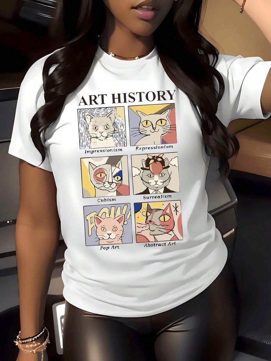 1 Piece Women's Cat Art Graphic Print T-Shirt, 180g, Fun And Artistic, Casual Style, Round Neck, 100% Cotton, Aesthetic Vintage Style. - 白色 - 查看 1