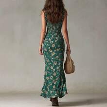 Vestido de tirantes finos para mujer, con volantes, sin mangas, de corte midi con abertura alta, vestido fluido informal para vacaciones en la playa. - Blanco - Ver 3