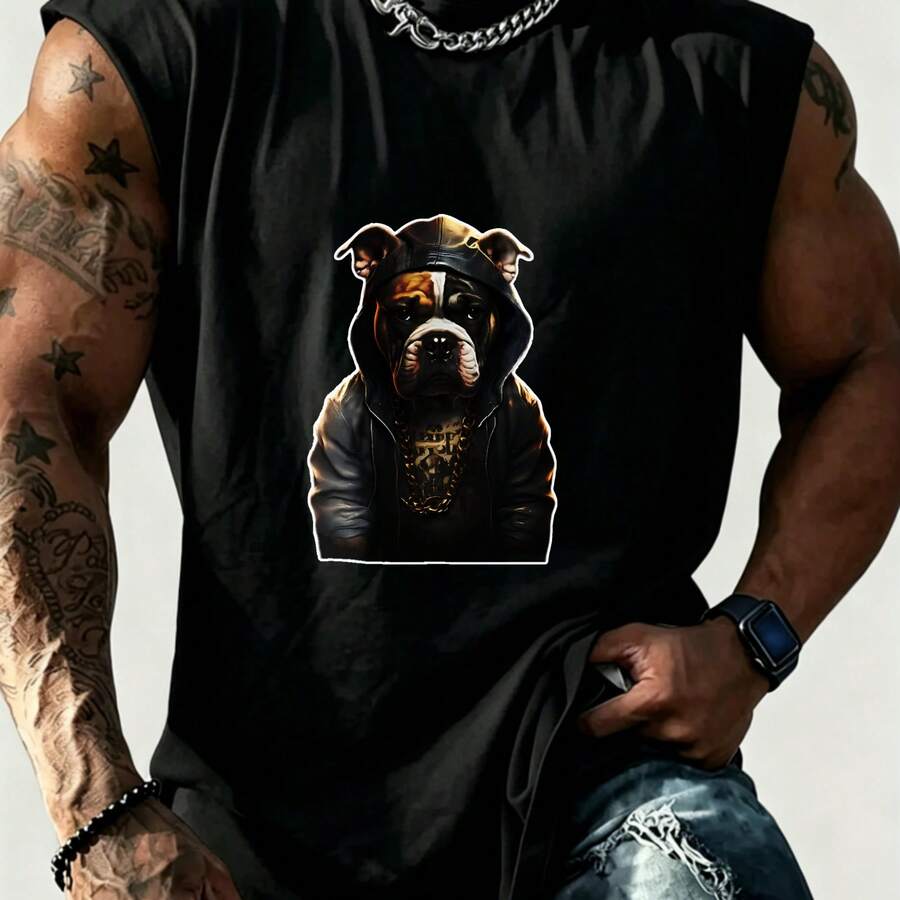 1pc Estilo Urbano, Perro Boxer con Capucha y Cadena, Camiseta Sin Mangas para Hombre, Diseño Detallado en Negro, Corte Ajustado, Ideal para Callejero, Verano/Moda Streetwear - Negro - Ver 1