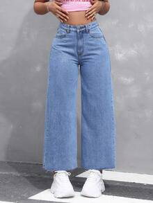 Straight-Leg Jeans With Pockets And Zipper, Versatile Fashion For Women - Medium Wash Blue - View 1