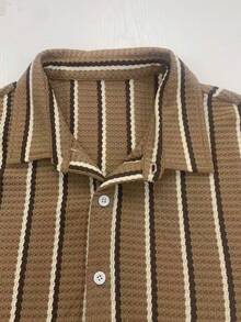 Men's Summer New Knit Random Striped Texture Collared Short Sleeve Shirt With Matching Drawstring Shorts Plus Size 2-Piece Set - Coffee Brown - View 6