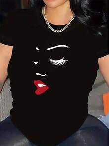 Women's T-Shirt: Lightweight And Durable Short-Sleeved T-Shirt With A Red Face Design, Ideal For Casual Outings At Home Or Restaurants, Offering A Comfortable Fit For Everyday Wear. Tops For Women - 黑色 - 查看 1