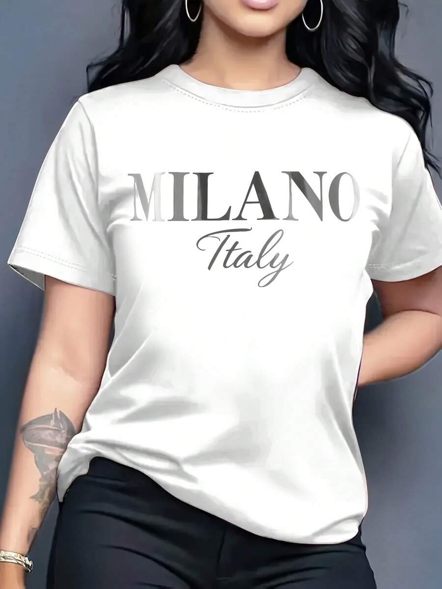 Camiseta casual de mujer con cuello redondo y estampado "Milano Italy", manga corta, longitud regular, moda primavera/verano, camiseta de moda | Camiseta con letras fuertes | Ajuste c￳modo