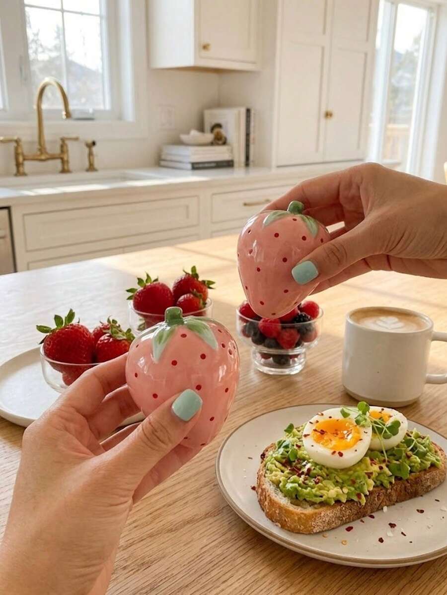 2 pièces Salières et poivrières créatives en céramique en forme de fraise, peintes à la main, pots à assaisonnement, convient pour un usage quotidien à la maison, bouteilles d'épices pour table de restaurant, fêtes de barbecue en plein air, cadeaux, décoration de fête - Multicolore - Voir 1