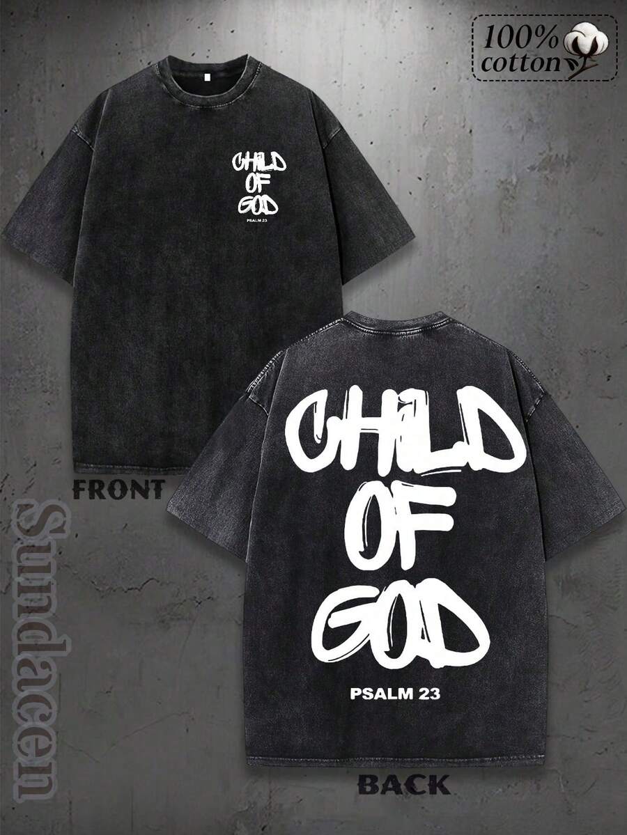 'Son Of God' Print T-Shirts For Men And Women, 100% Washed Cotton, Cotton T-Shirt, Gift Idea, Y2K Clothing, Funny Print T-Shirt For Unisex, Streetwear - 黑色 - 查看 1