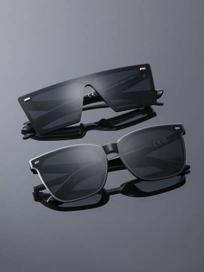 2 Pairs Casual Plastic Solid Color Square Full Frame Men's Sunglasses, UV Protection, Design, Suitable For Street Photography, Party, Outdoor Leisure Activities, Dating Outfit And More