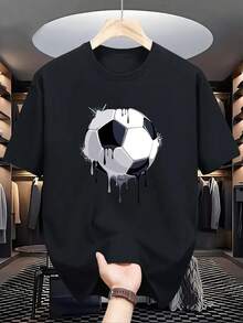 Camisa casual de verano con el estampado novedoso de "Fútbol", camisa de manga corta con cuello redondo para hombre, adecuada para el uso diario. - Negro - Ver 1