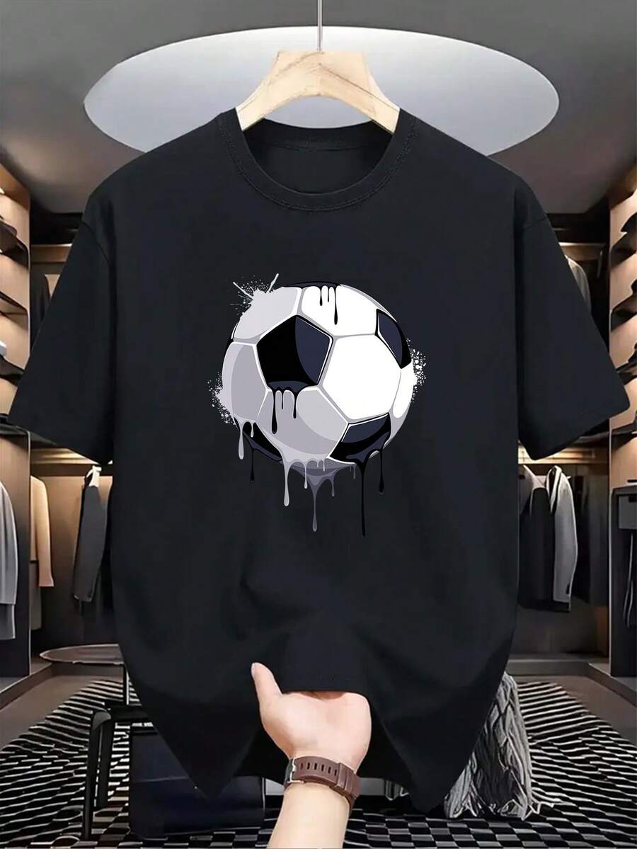 Camisa casual de verano con el estampado novedoso de "Fútbol", camisa de manga corta con cuello redondo para hombre, adecuada para el uso diario. - Negro - Ver 1