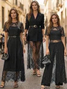 jianchaimaoyi02  Conjunto de vestido de encaje negro de manga corta de unicolor elegante para mujer, uso versátil para festival de música, viaj - Burdeos - Ver 4