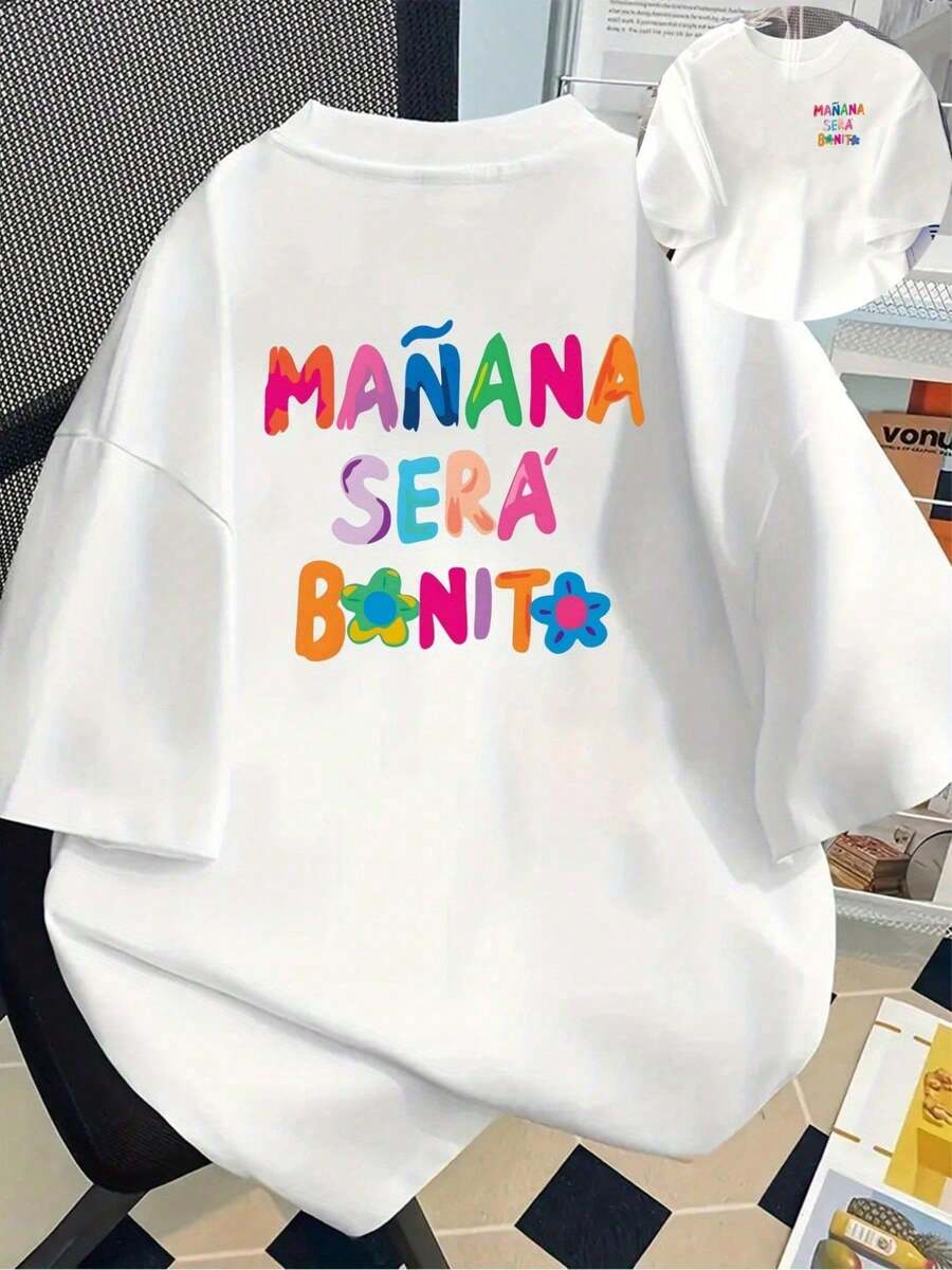 Camiseta, top de verano, camiseta casual de manga corta para mujer con el eslogan "MORGEN WIRD ES SEHÖN SEIN" impreso en la parte delantera y trasera - le, playeras de hombre, camisas para h - Blanco - Ver 1