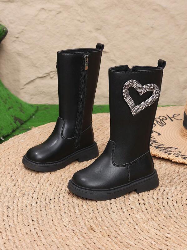 1 Pair Girls' Flat Round Toe Rhinestone Fashion Versatile Tall Boots, Comfortable Heart Design Kids Boots