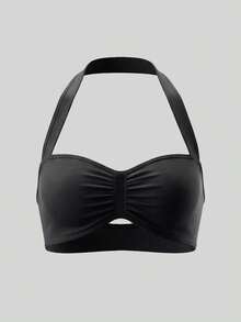 UONNOU Sujetador deportivo para mujer con cuello halter y fruncido delantero, top corto sin espalda, soporte medio, sin aros, para yoga, entrenamiento y uso atlético - Negro - Ver 3