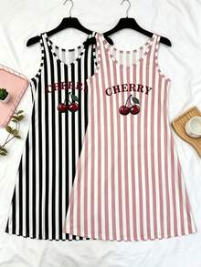 2pcs Women's Striped V-Neck Letter & Cherry Print Tank Top Pajama Set, Cherry Pajama Dress Loungewear - Multicolor - View 1