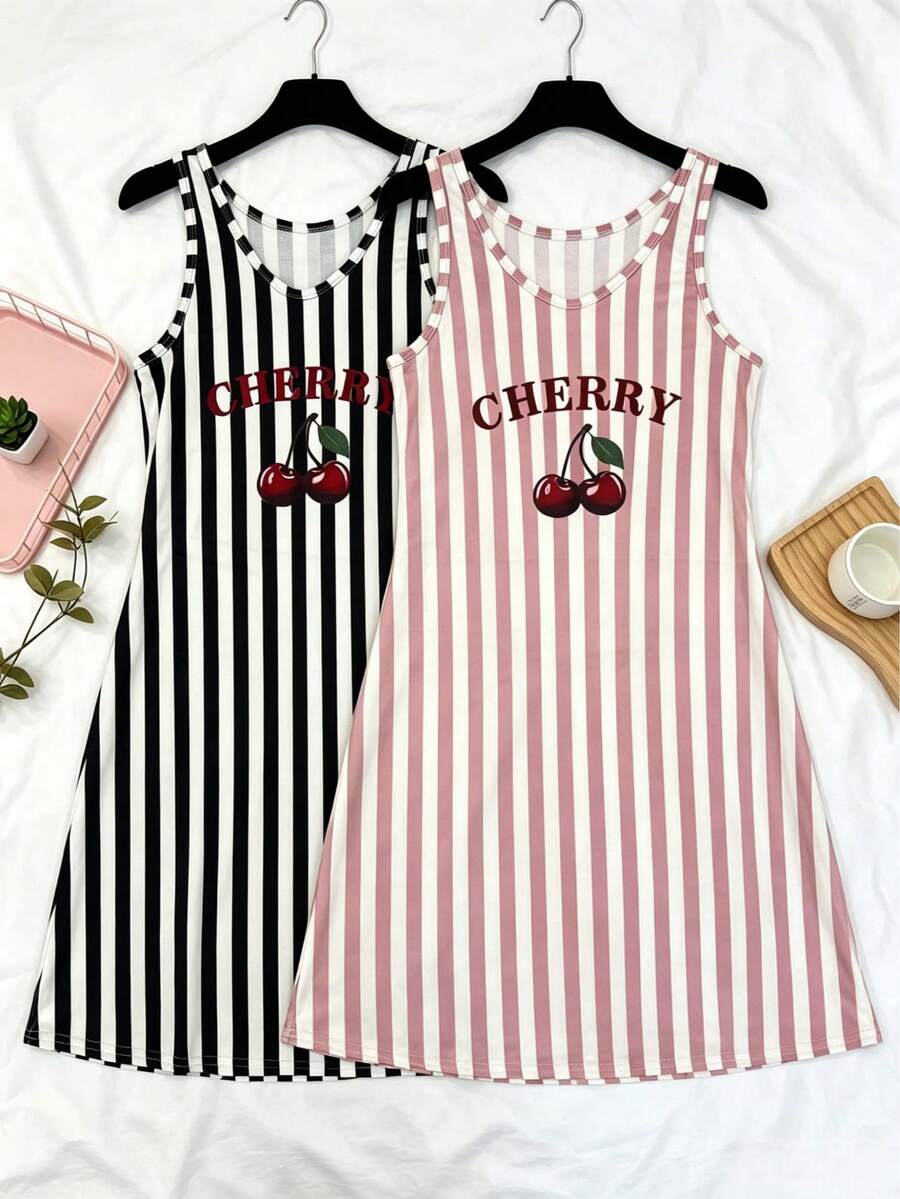 2pcs Women's Striped V-Neck Letter & Cherry Print Tank Top Pajama Set, Cherry Pajama Dress Loungewear - Multicolor - View 1