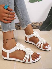 Fashion Women's Floral Decor Flat Sandals, Bohemian Style Plus Size Low Heel Open Toe Roman Sandals, Elegant And Comfortable, Suitable For Casual, Vacation, Wedding, Matching With Dresses - Apricot - View 3