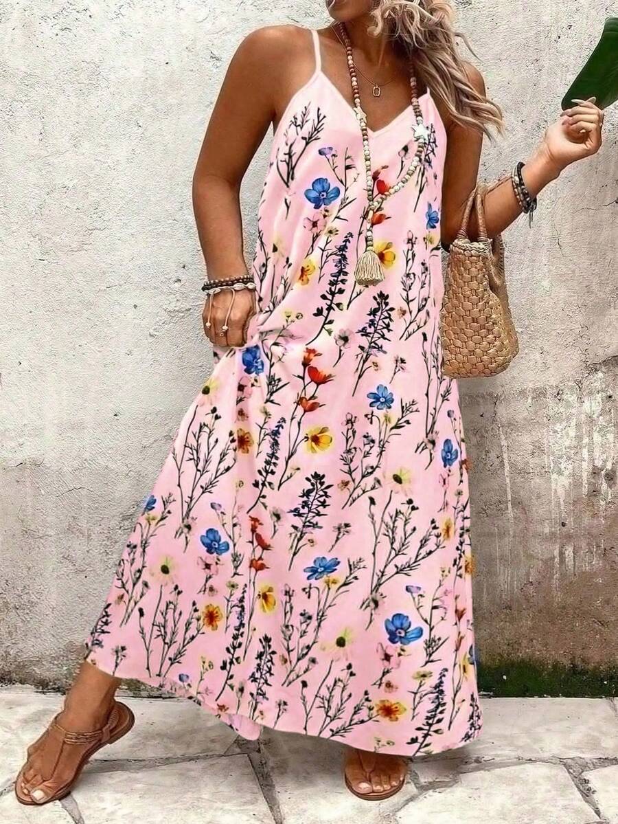 Holidaya maxi holgado con estampado floral y de pájaros naranja para mujer de talla, de verano casual, elegante, versátil, dulce, de cita, retro, de playa, de va - Rosa 2 - Ver 1