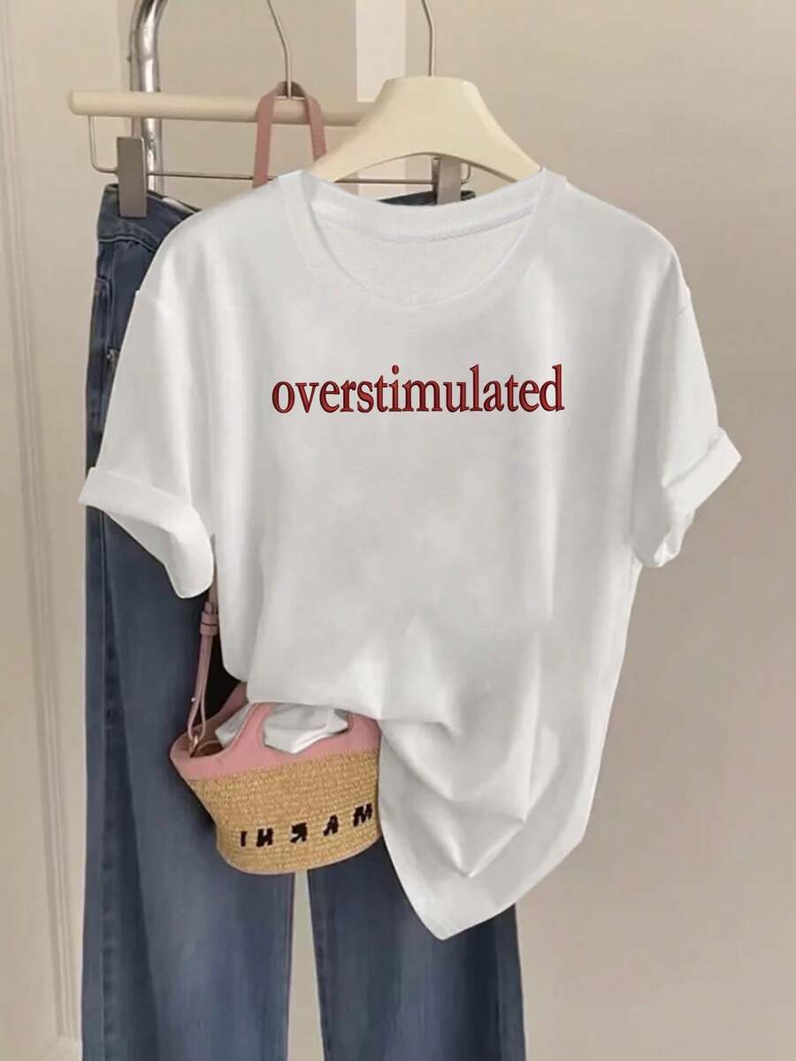 Talla: La camiseta% pura de cuello redondo de Overstimulated presenta un color sólido y una tela de alta calidad.Está diseñespecíficamente para el verano y perfecta para at - Blanco - Ver 1