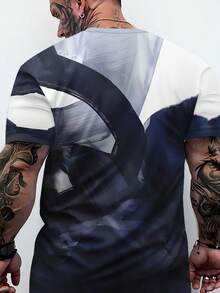 Camiseta de exterior para hombre - Tejido de poliéster transpirable con estampado geométrico, corte regular y cuello redondo, adecuada para gimnasio y uso casual |   Lavable a máquina, apta - Negro - Ver 2