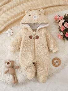 1pc Newborn Baby Hooded White Plush Fabric, Reversible Zipper & Button Design, Cute Bear Style, Long Sleeve Footed Jumpsuit, Comfortable For Infant - Khaki - View 1