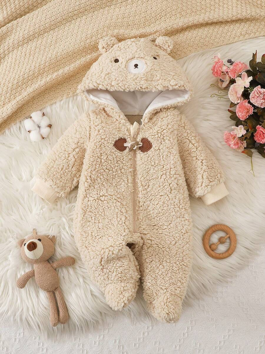 1pc Newborn Baby Hooded White Plush Fabric, Reversible Zipper & Button Design, Cute Bear Style, Long Sleeve Footed Jumpsuit, Comfortable For Infant - Khaki - View 1