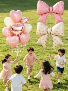 2/10/12/24pcs Pink Cream 18 Inch Heart Shaped Foil Balloons With 38 Inch Heart Shaped Printed Bow Foil Balloons, Suitable For Baby Shower, Gender Reveal, Newborn Party Decoration - Multicolor - View 4