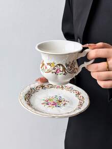 1 Set Dreamy Garden Palace Ceramic Coffee Cup & Saucer, French Palace Style Exquisite Women's Afternoon Tea Cup & Saucer Set, Delicate Embossed Mug & 6-Inch Floral Gold-Rimmed Plate, First Choice For Coffee, Dishwasher , Commercial Dessert Cup - Multicolor - View 4