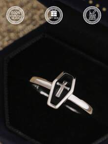1pc S925 Sterling Silver Coffin Cross Ring, Dark Style Personalized Resin Inlaid Silver Ring, Punk Style, Suitable For Daily, Party, Bar Wear, Gift Box Included - Coffin Cross - View 2