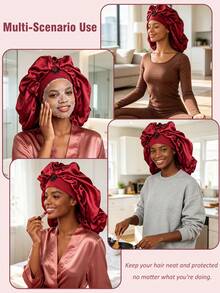 2-In-1 Adjustable Satin Bonnet With TieLong Satin Sleep Cap For Long Hair/Braids,Soft Satin Hair Bonnet With Button Night Hair Cover For Curly Hair - A - View 6