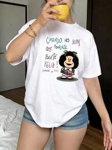 Camiseta con Diseño de Caricatura Tipográfica Manga Corta Casual Moda Juvenil Estilo Retro Vintage  Urbana Uso Diario - Blanco - Ver 1