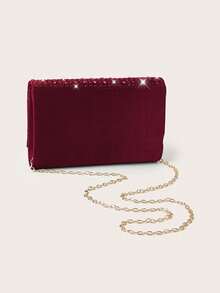 REMANLAND Shiny Evening Clutch, Burgundy Rhinestone Decorated Square Handbag, Metal Chain Shoulder Strap, Fashionable Elegant Evening Bag, Classic Formal Party Wedding Bridal Clutch, Suitable For Formal Occasions, Parties, Weddings, Music Festivals, Women's Gift - Burgundy - View 5