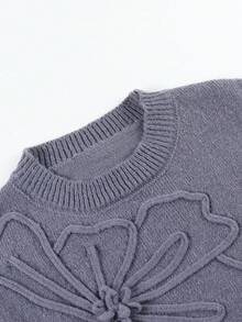 Girls' Grey 3D Floral Knit Vest, Spring/Autumn Round Neck Sleeveless Sweater, Versatile Layering Top For Big Girls - Grey - View 5