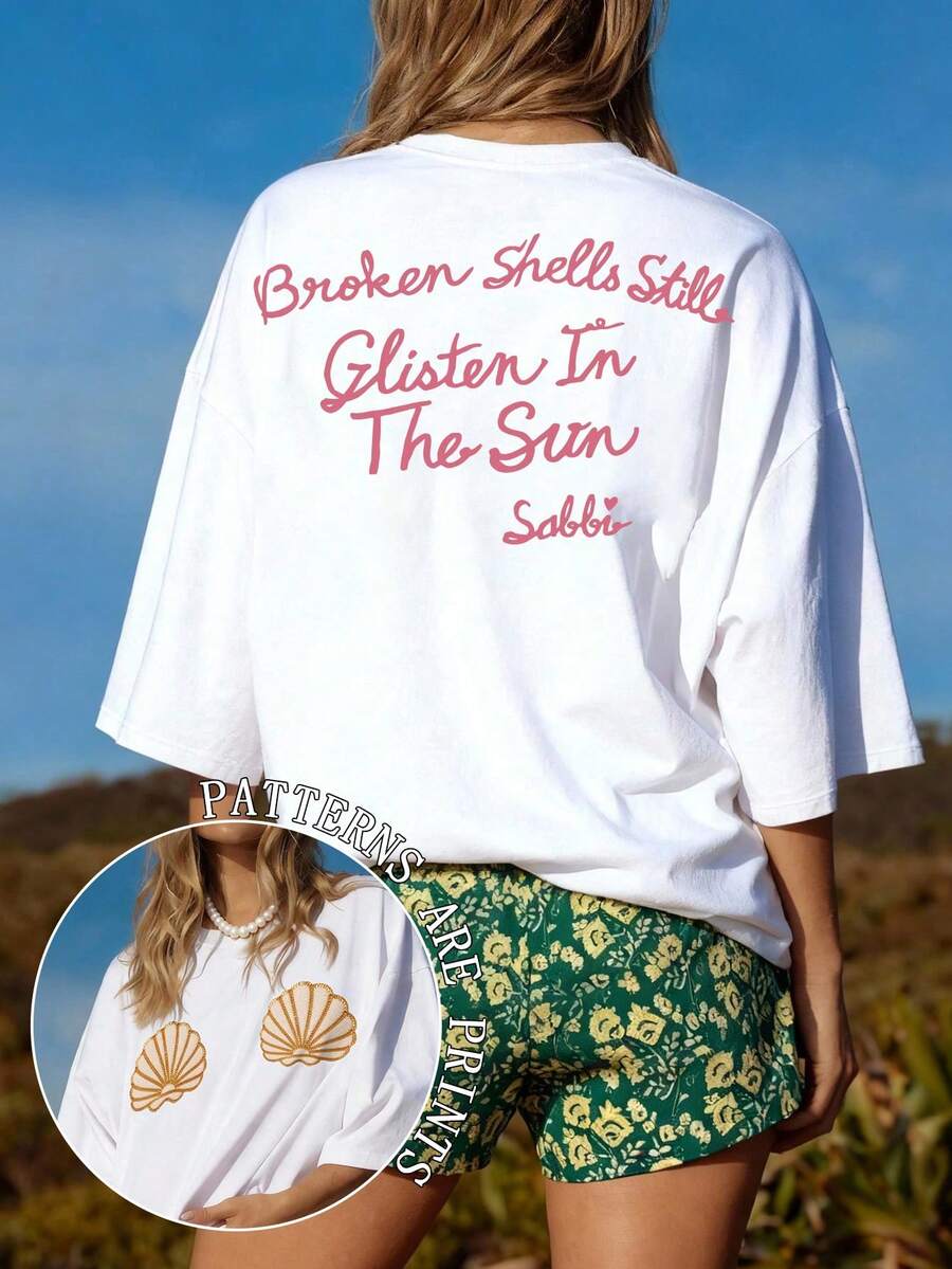 大码女式圆领短袖T恤,适合旅行季节,宽松版型,舒适透气,精致贝壳花纹工艺,是假日旅行休闲白色夏季的理想之选 - 白色 - 查看 1