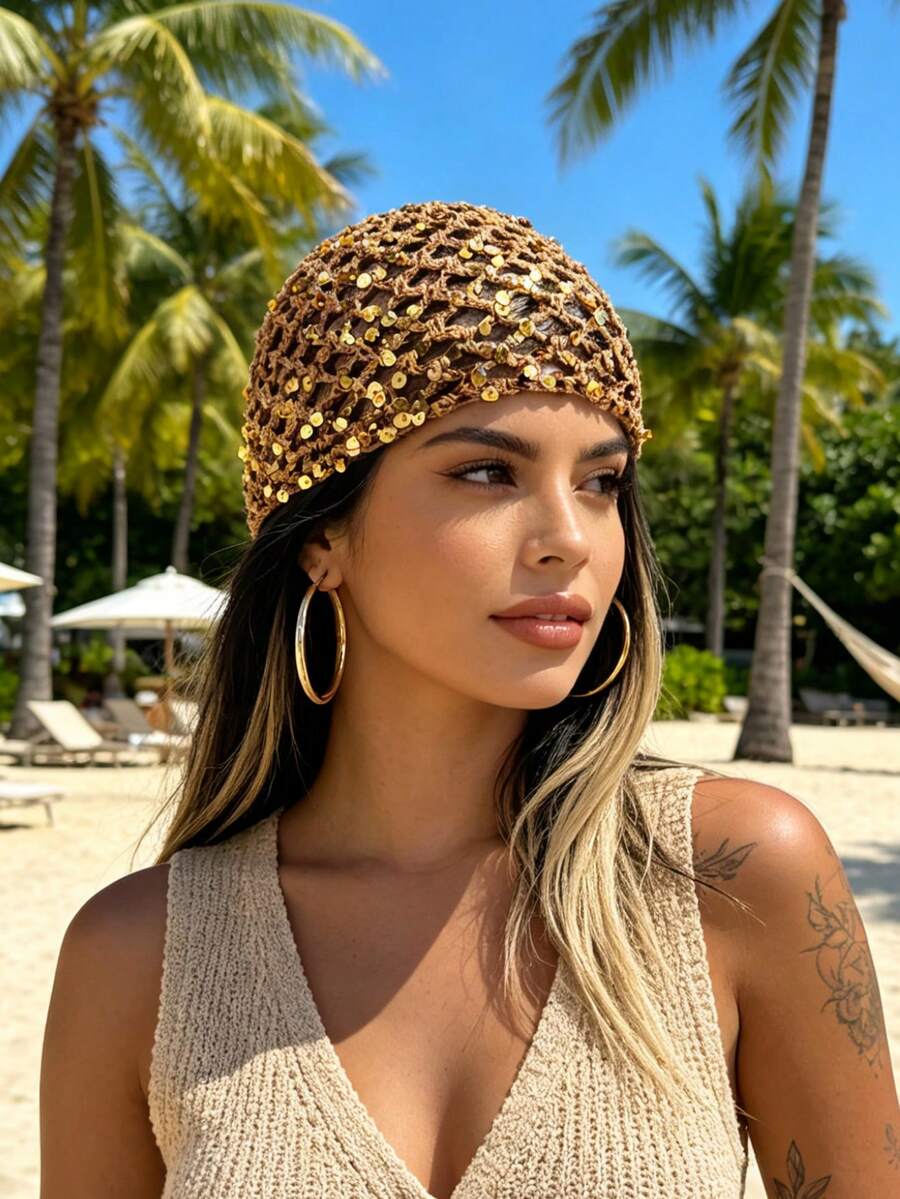 1pc Women's Y2K Cute Casual Style Fashion Contrast Color Sequin Shiny Hollow Breathable Handmade Knitted Cap, Suitable For Outing, Photography, Daily Wear, Bucket Hat - Sequins - View 1