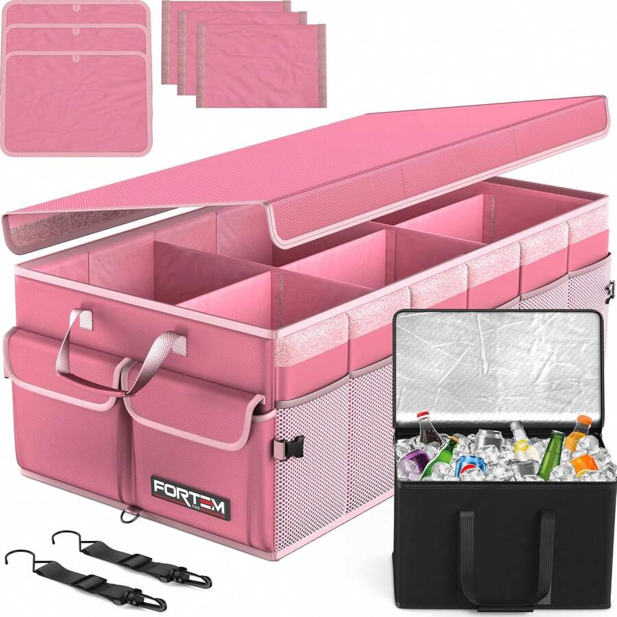 FORTEM Car And SUV Trunk Organizer - Car Storage Organizer - Large Foldable Box With 2 Compartments - Non-Slip Base - Adjustable Straps - Removable Lid (Black) - 粉紅色 10 件裝 - 查看 1