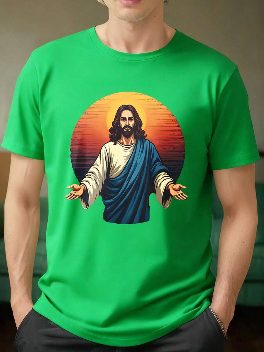 Black Short Sleeve T-Shirt With Sunset Jesus Print, Religious Design For Daily Wear And Spiritual Events - 軍綠色 - 查看 1