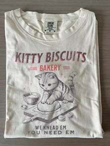 Camiseta Oversize Estampado Gato Panadero Manga Corta Casual Moda Juvenil Estilo Retro Vintage Y2K Uso Diario Gráfico - Blanco - Ver 1