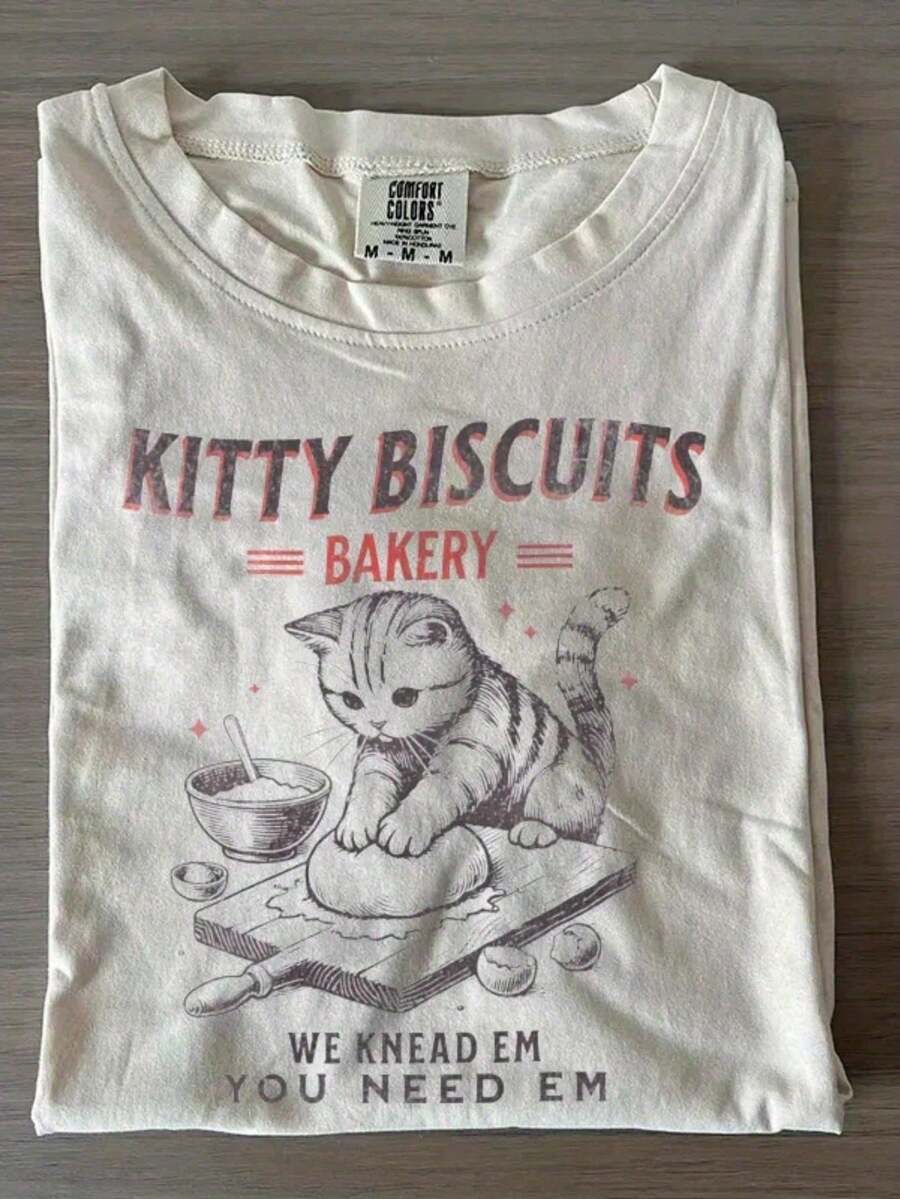 Camiseta Oversize Estampado Gato Panadero Manga Corta Casual Moda Juvenil Estilo Retro Vintage Y2K Uso Diario Gráfico - Blanco - Ver 1