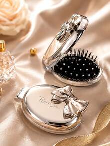 Bowknot Pink & Silver Mirror 3D Bow Foldable Comb Mirror, Portable Flip Cover Makeup Mirror Comb All-In-One Pocket Handheld Beauty Comb Mirror, Gentle Style Girl Pocket Handheld Makeup Comb Mirror, Travel Portable Hair Comb, Mini Portable Makeup Tool Exquisite Luxury Metal Texture Makeup Mirror, Gift For Women, Portable Makeup Touch-Up Storage Beauty Accessory - Multiple Styles - View 4