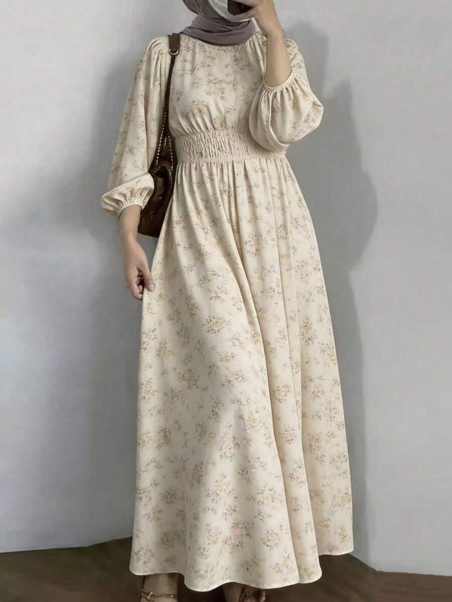 Gaun Arab Lengan Panjang Tenun Elegan dengan Lengan Lentera dan Motif Bunga, Cocok untuk Acara Kasual dan Formal