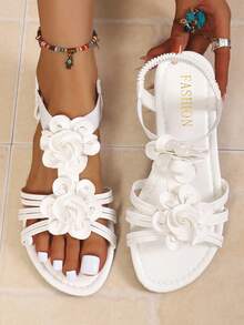 Fashion Women's Floral Decor Flat Sandals, Bohemian Style Plus Size Low Heel Open Toe Roman Sandals, Elegant And Comfortable, Suitable For Casual, Vacation, Wedding, Matching With Dresses - Apricot - View 1