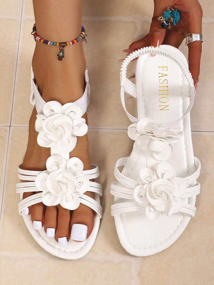 Fashion Women's Floral Decor Flat Sandals, Bohemian Style Plus Size Low Heel Open Toe Roman Sandals, Elegant And Comfortable, Suitable For Casual, Vacation, Wedding, Matching With Dresses - Apricot - View 1