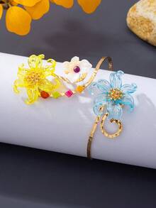 1pc Yellow Vibrant Heavy-Duty Handmade 3D Flower Arm Cuff With Contrast Beaded Design, Open Adjustable Bracelet - Multicolor - View 4